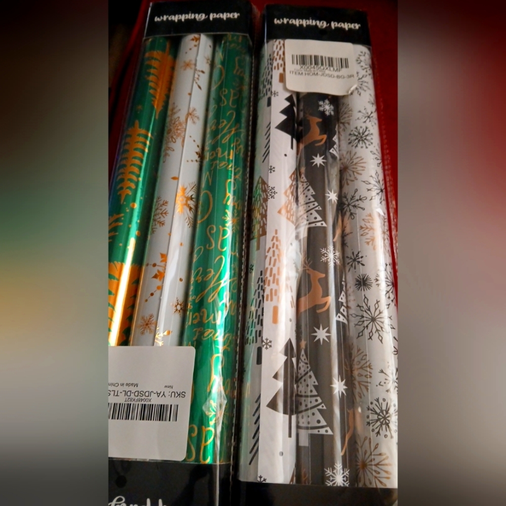 NWOT 2 For 1 Festive Wrapping Paper Set - Green, Gold, Black, White